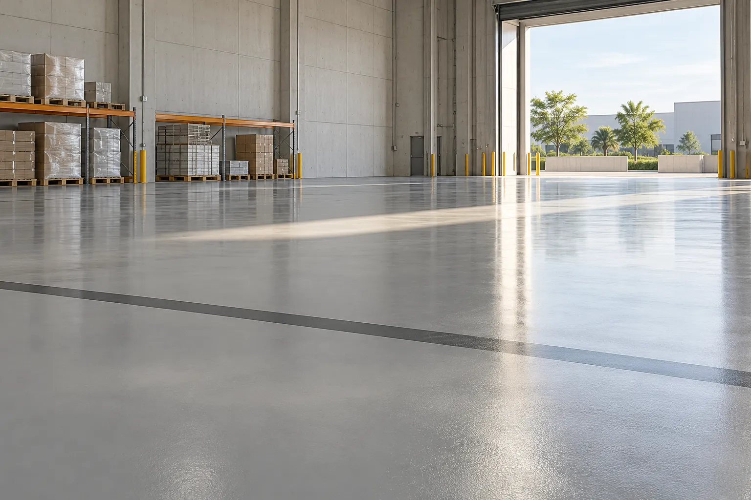 Concept of a satin grey epoxy floor in a bright dispatch hall